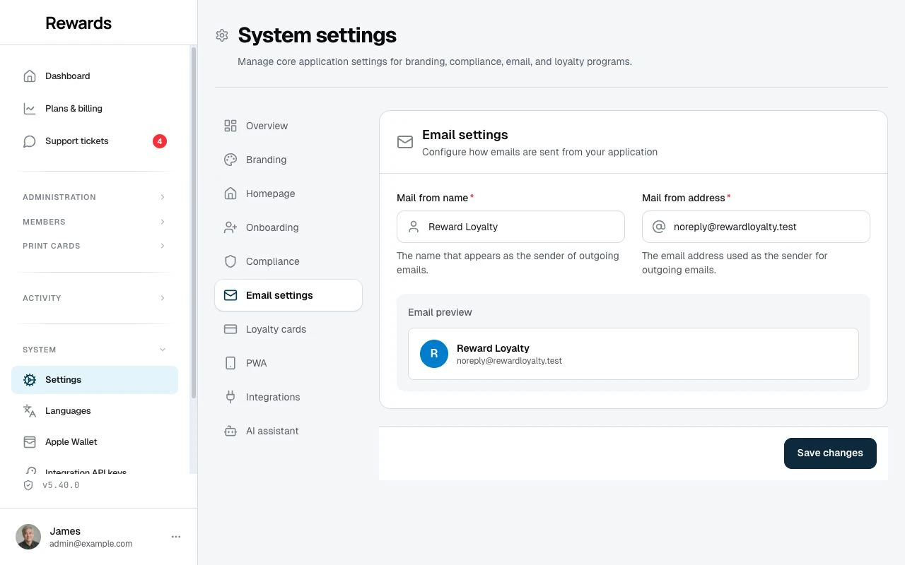 Email settings with the sender name, sender address, preview, and Save changes button.