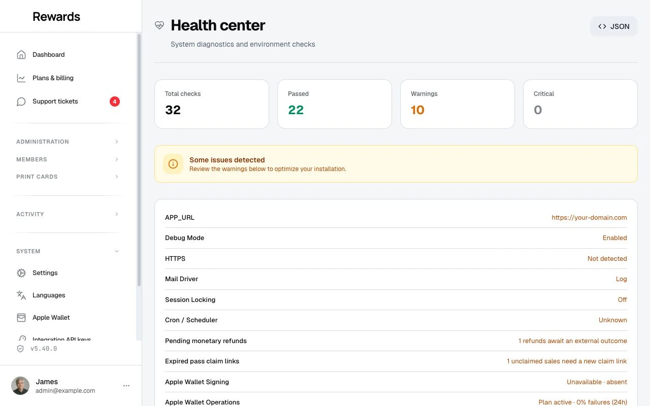 The health center with the environment checks and the scheduled tasks panel, each task with its last run result and a Run now button.