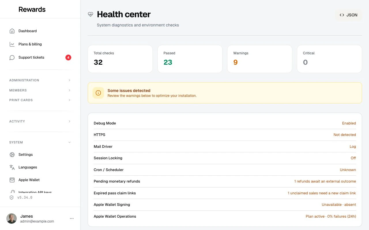 The health center with 19 environment checks and the scheduled tasks panel, each task with its last run result and a Run now button.