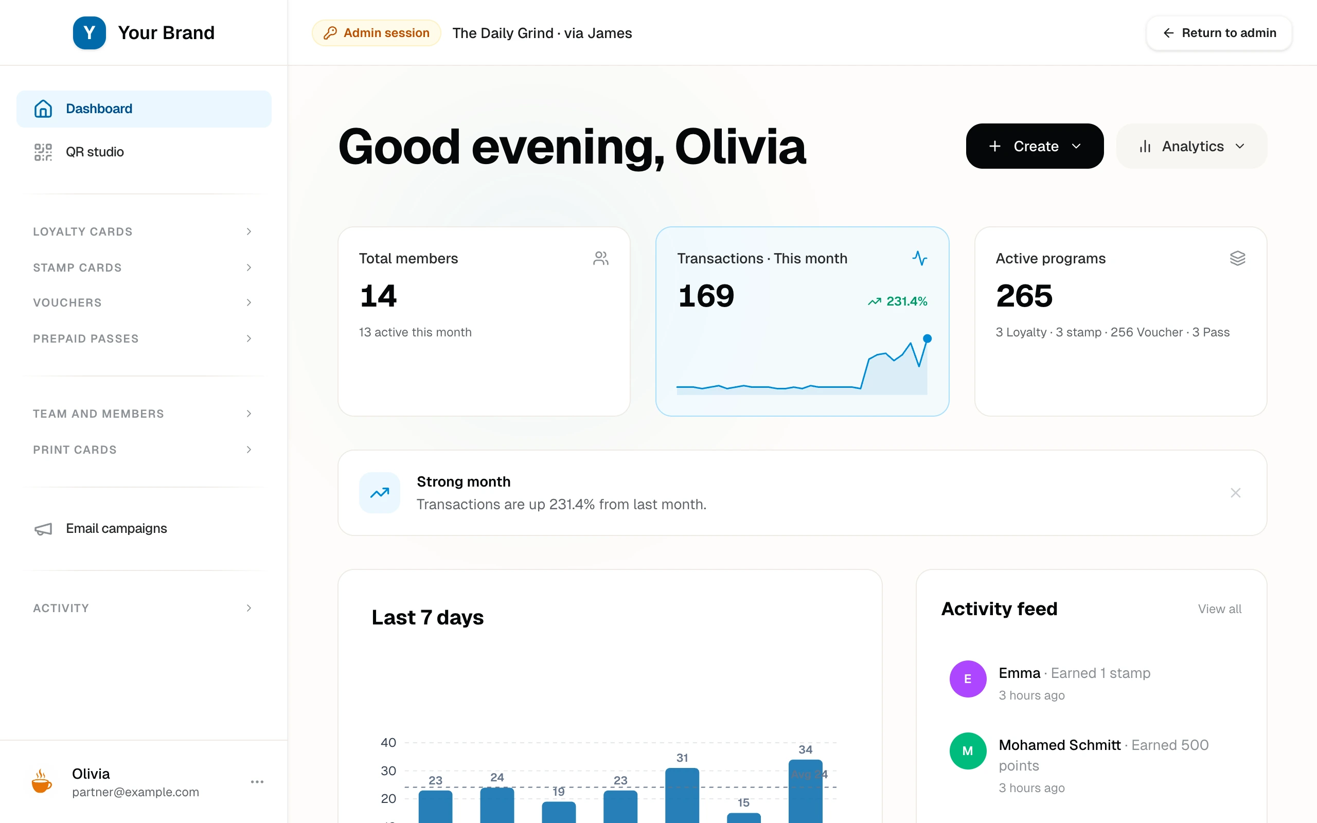 A partner dashboard opened by the operator, with the pinned bar, its amber Admin session badge, and the business name with "via James".