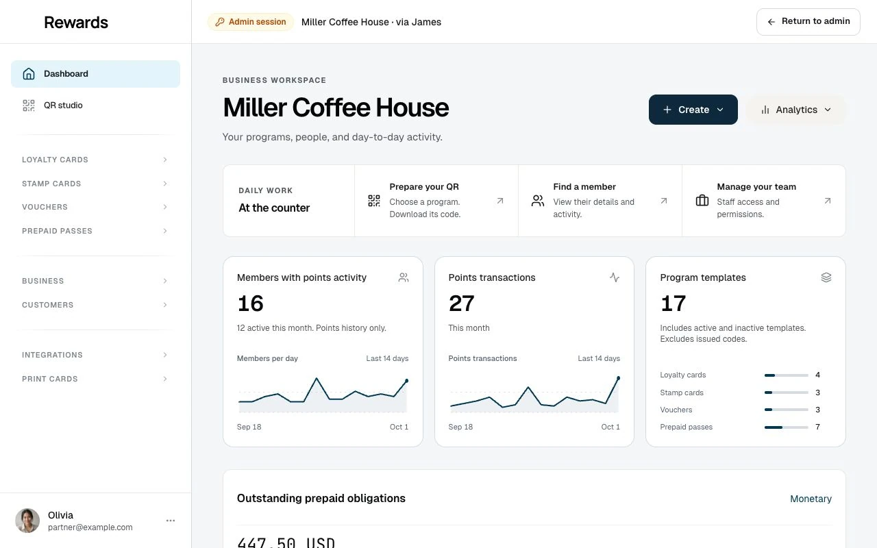 A partner dashboard opened by the operator, with the pinned bar, its amber Admin session badge, and the business name with "via James".