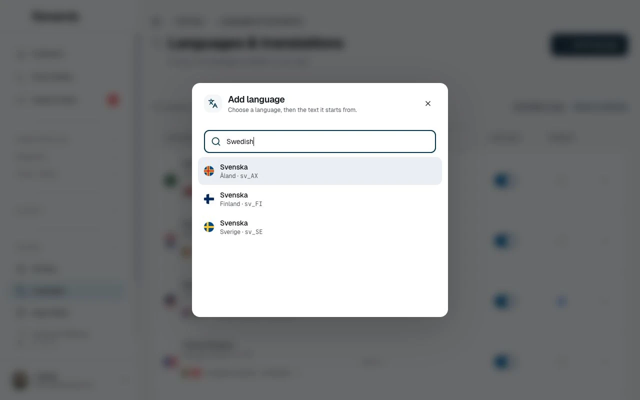 The Add language dialog: search a language, then choose the text it starts from.