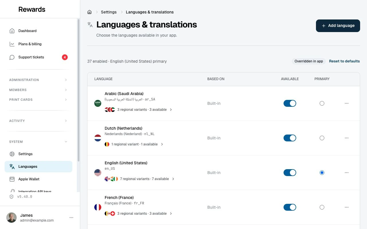 The Languages list with the available switch, primary choice, and a language's translation work.