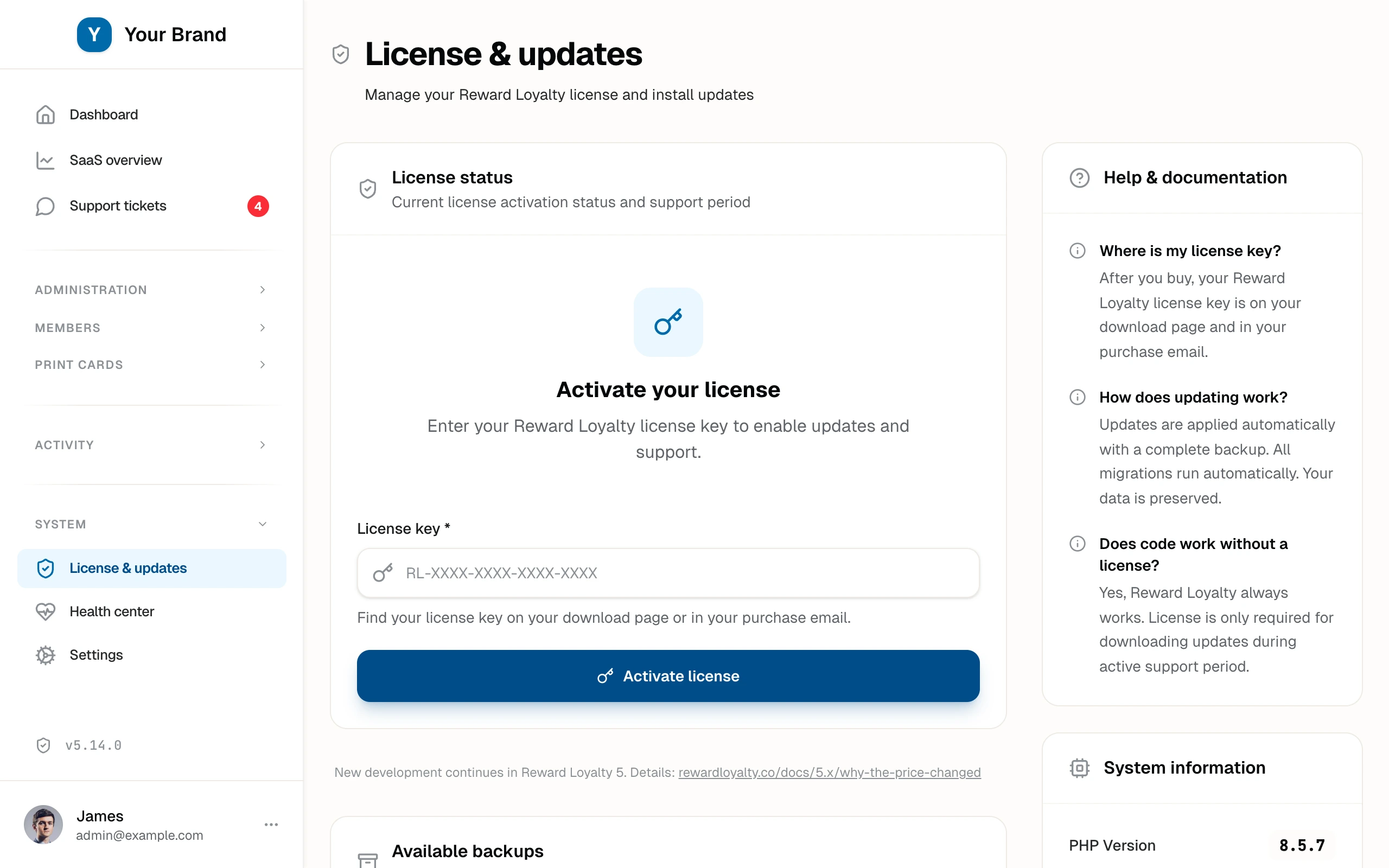 The License & updates screen with automatic backups ready to restore and a detected update package with its Apply update button.