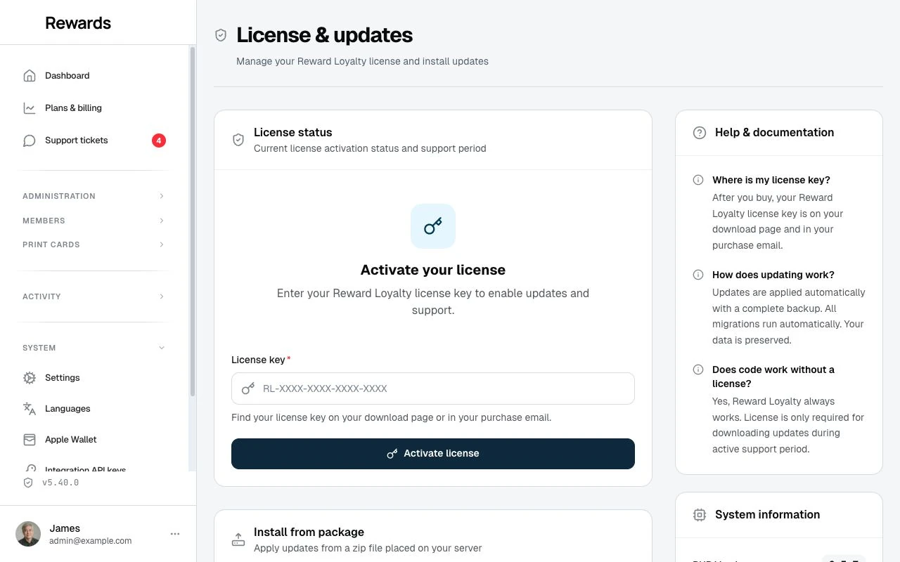 The License & updates screen with automatic backups ready to restore and a detected update package with its Apply update button.