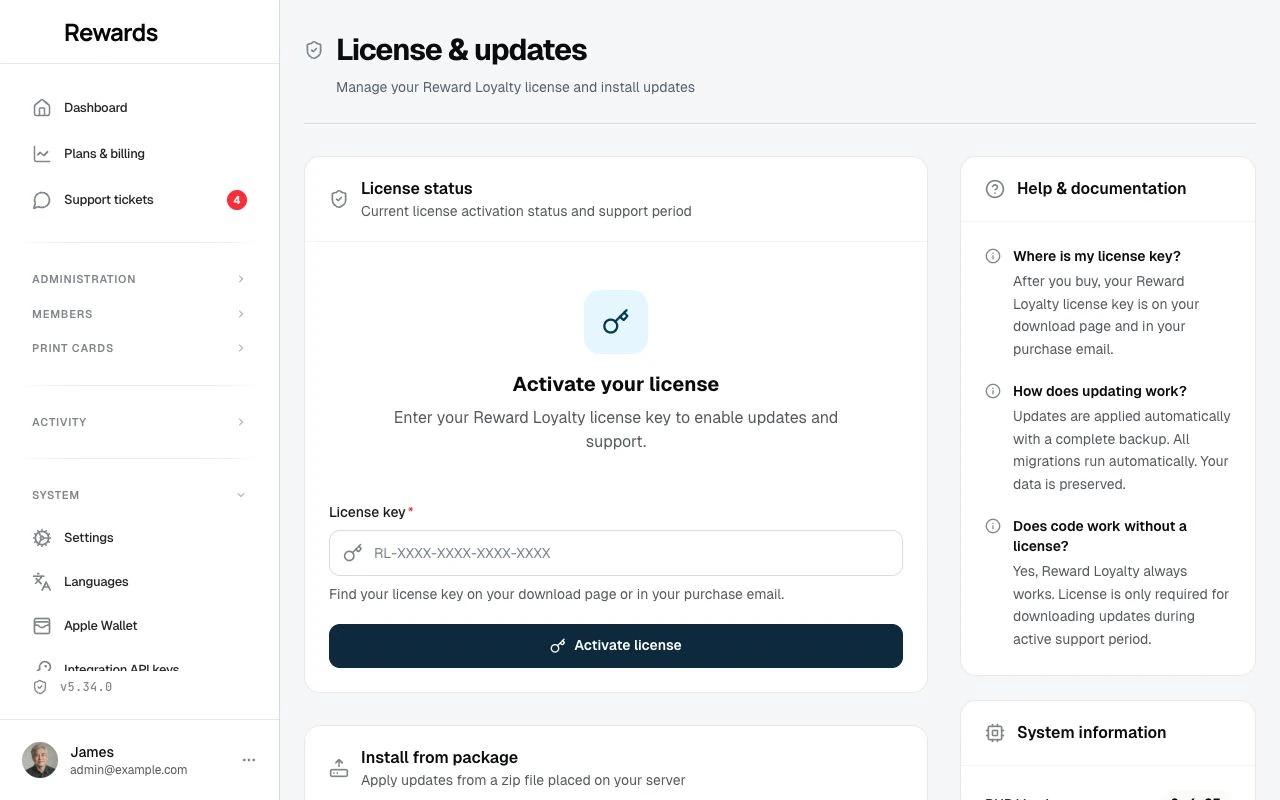 The License & updates screen with automatic backups ready to restore and a detected update package with its Apply update button.