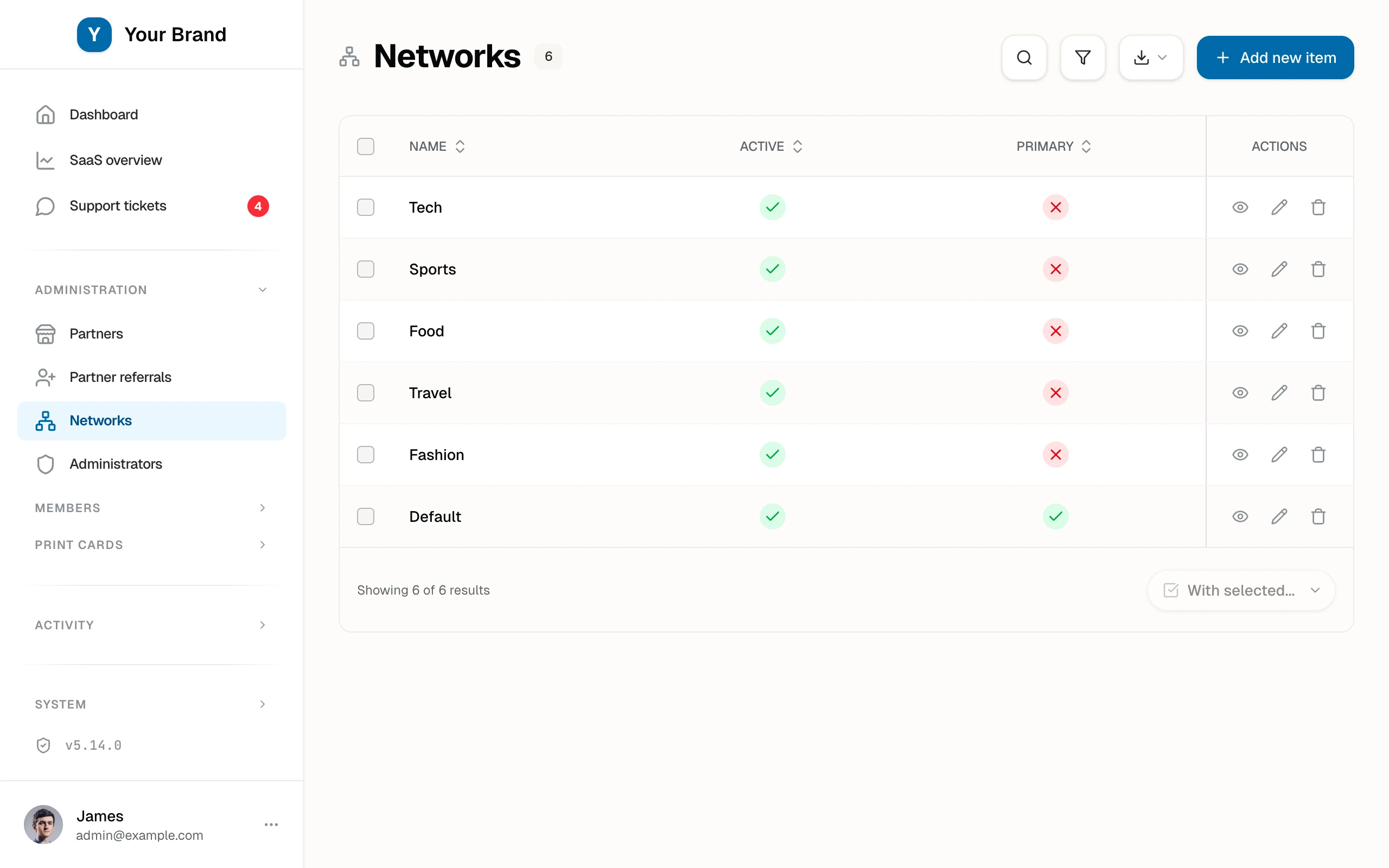 The Networks list with six named networks and their Active and Primary flags.