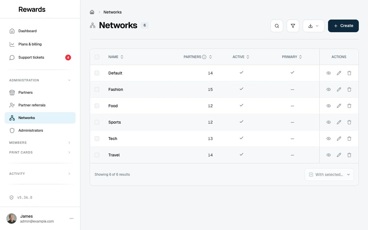 The Networks list with six named networks and their Active and Primary flags.