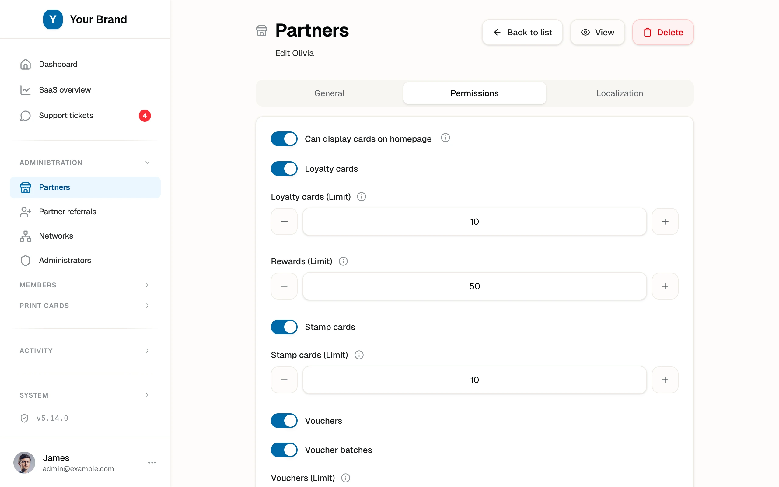 Reward Loyalty partner permissions showing homepage publishing and program controls.
