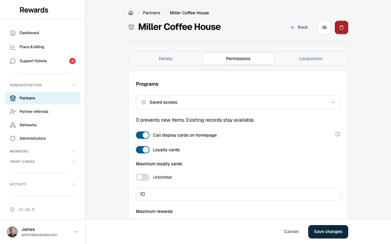 A partner's Permissions tab with per-feature toggles and creation limits for cards, vouchers, passes, and the Agent API.