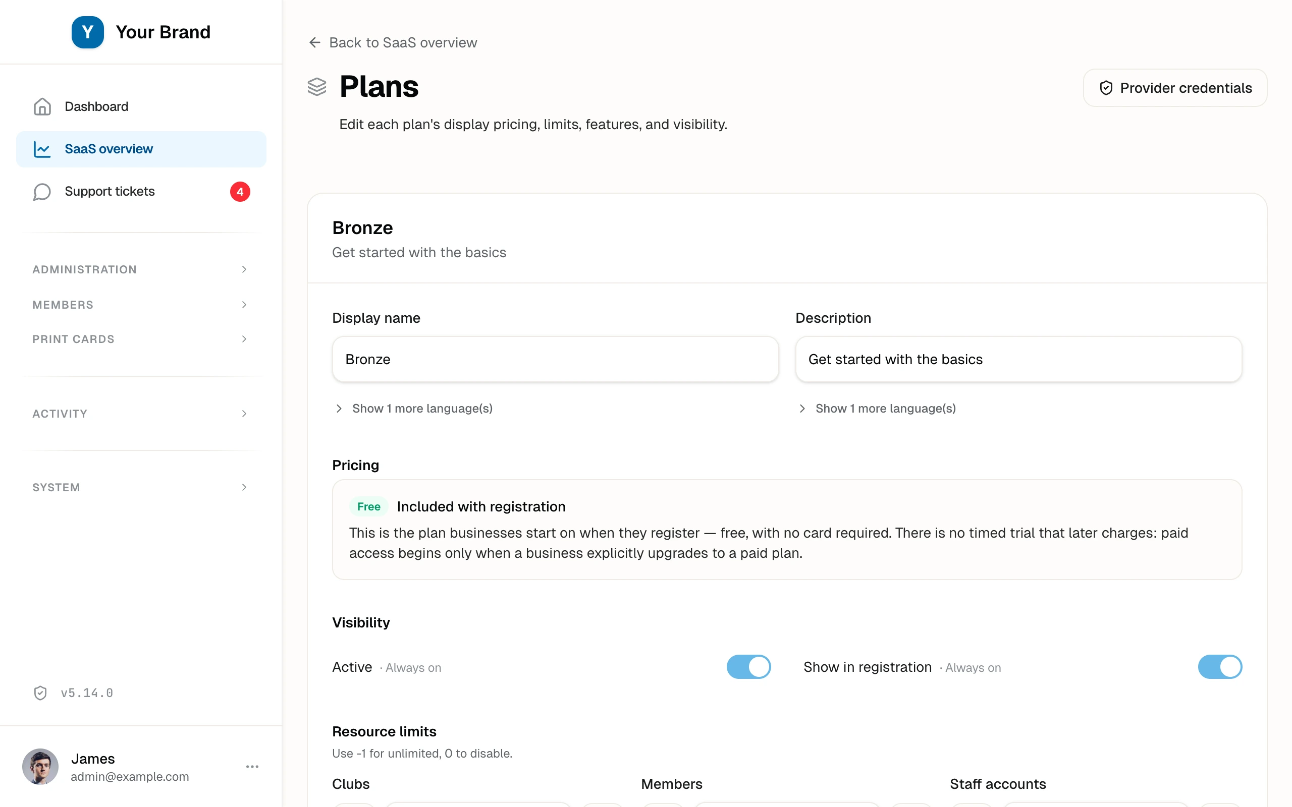 The Plans editor with pricing, annual billing, resource limits, and feature flags for each of the four tiers.