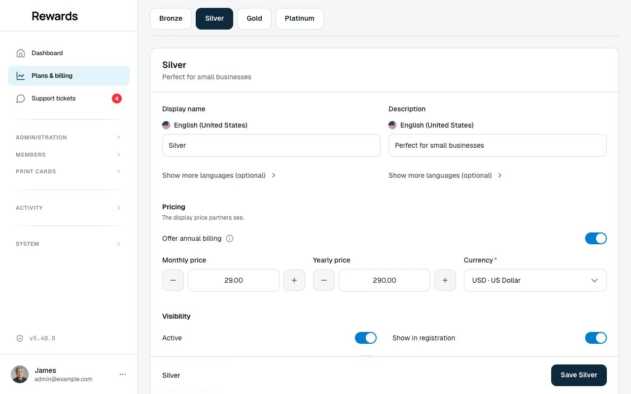 The admin Plans editor with the Silver plan selected and its name and pricing controls visible.