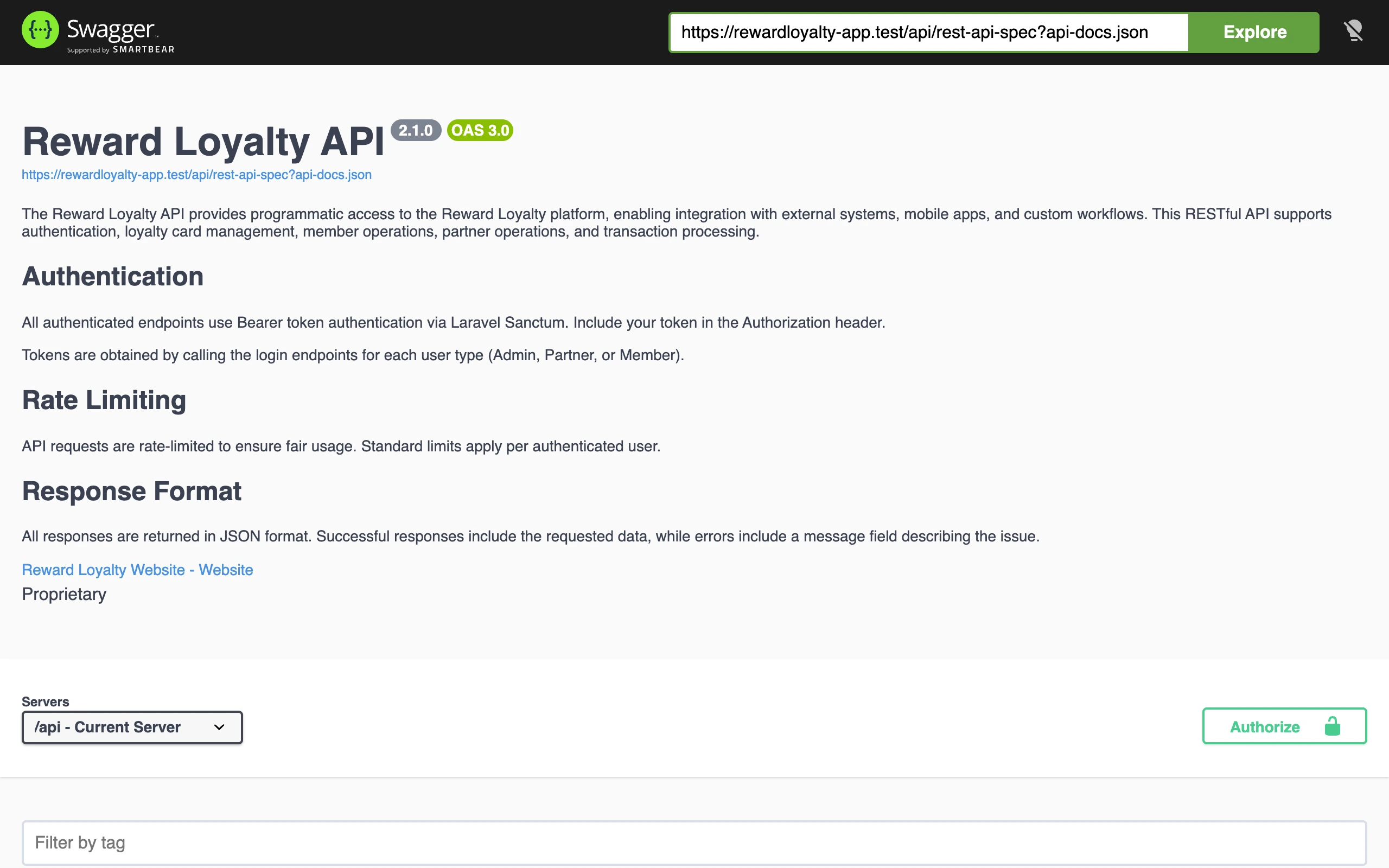 Interactive REST API documentation with endpoint groups for admin, partner, staff, and member routes.
