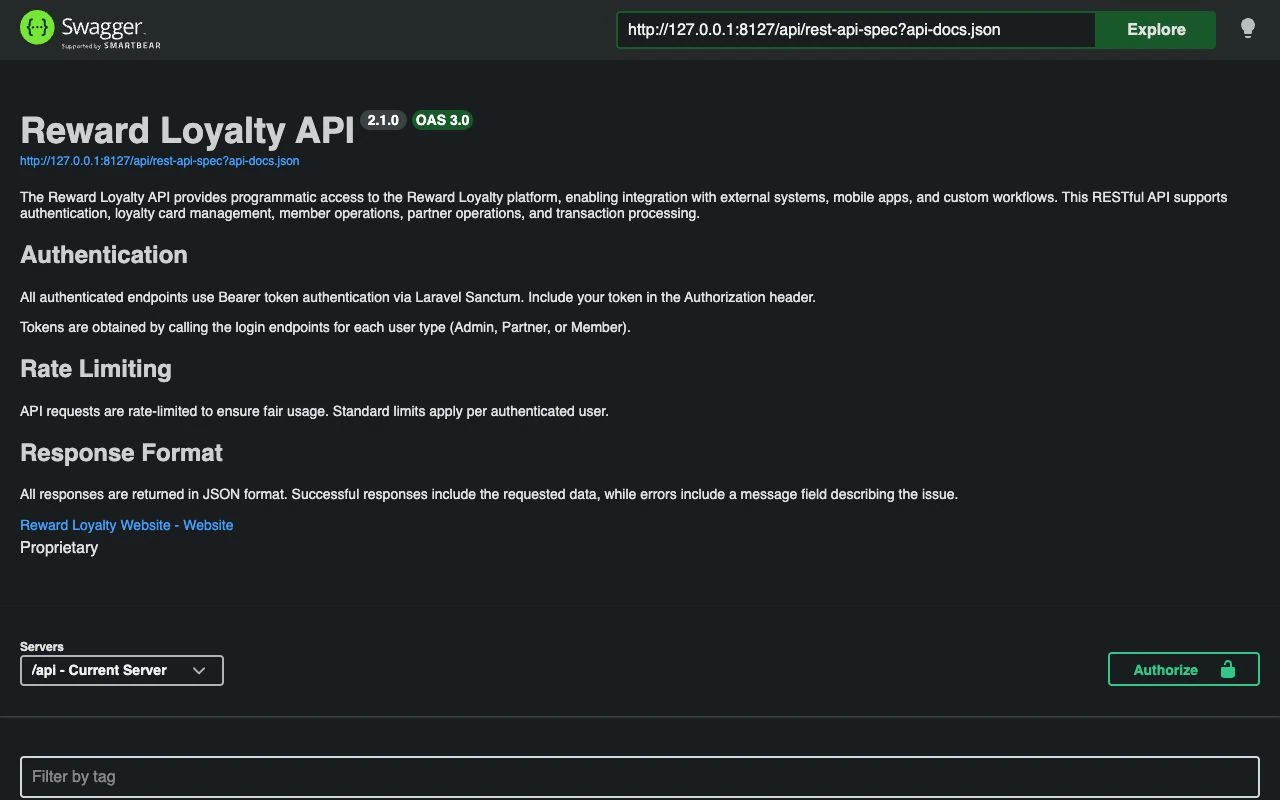 Interactive REST API documentation with endpoint groups for admin, partner, staff, and member routes.