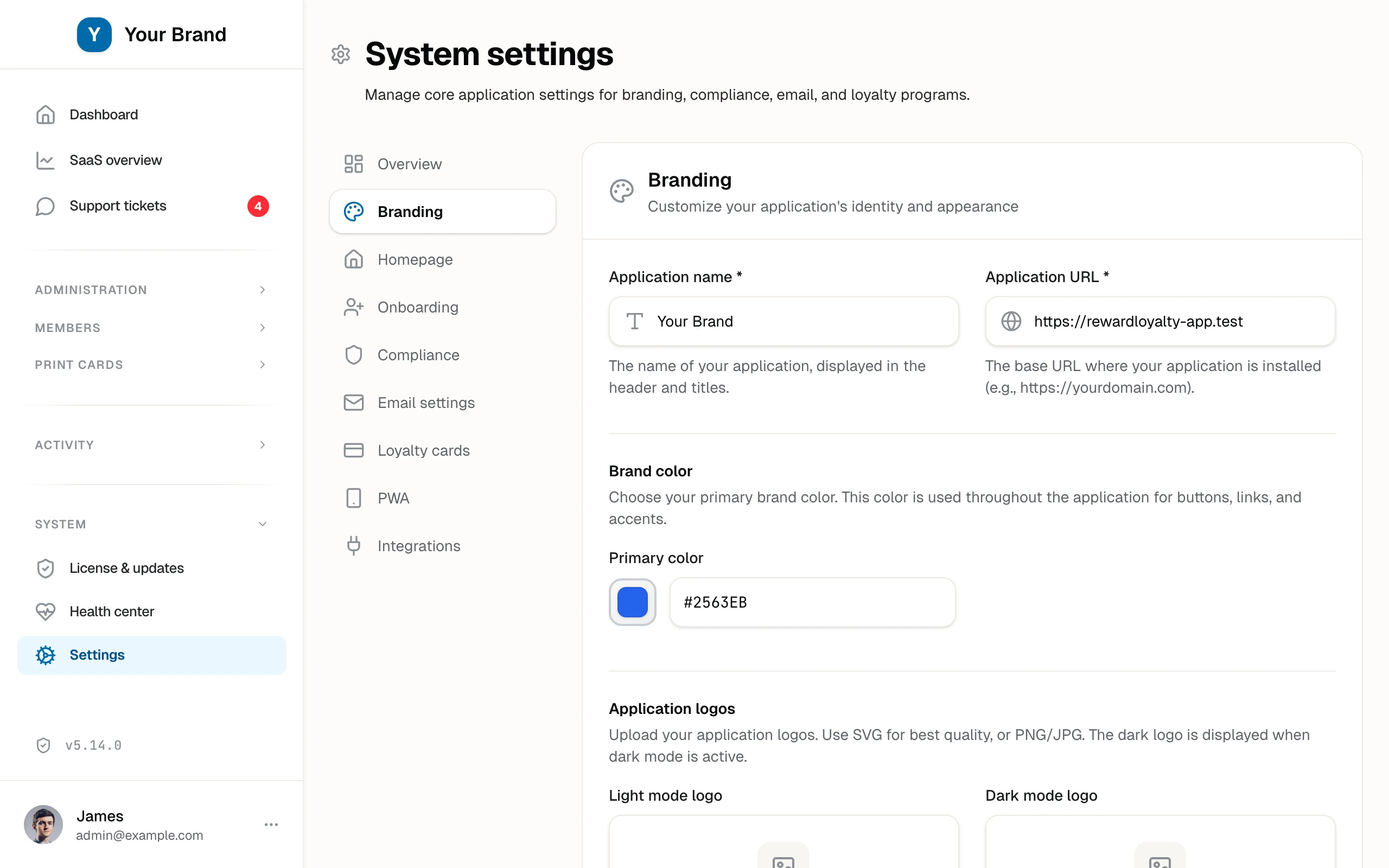 The Branding settings with application name, brand color picker, light and dark logo uploads, and favicon.