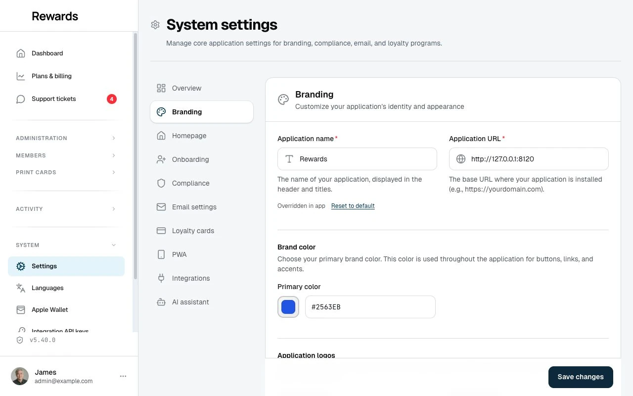 The current Branding settings with application name, URL, primary color, and Save changes button.