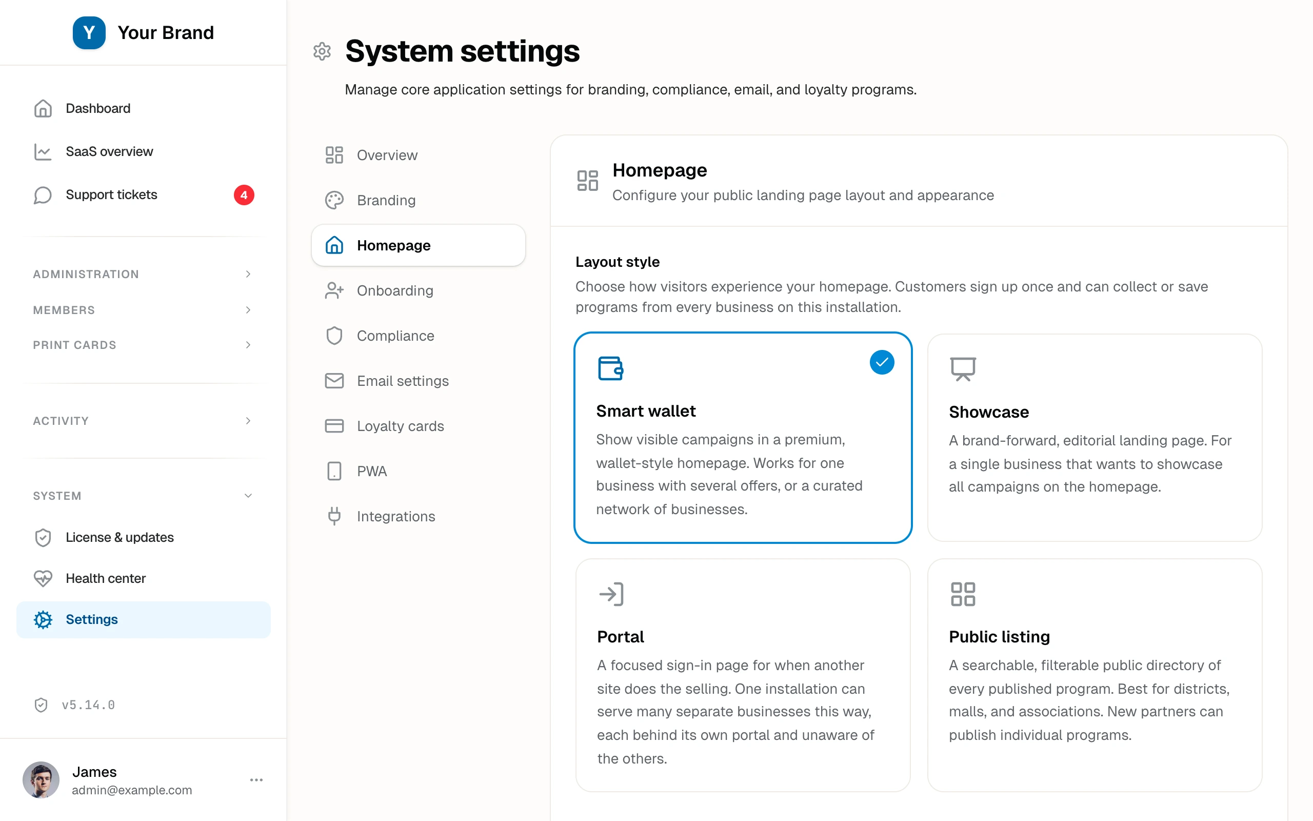 Reward Loyalty Homepage settings showing Smart Wallet, Showcase, Portal, and Public Listing choices.