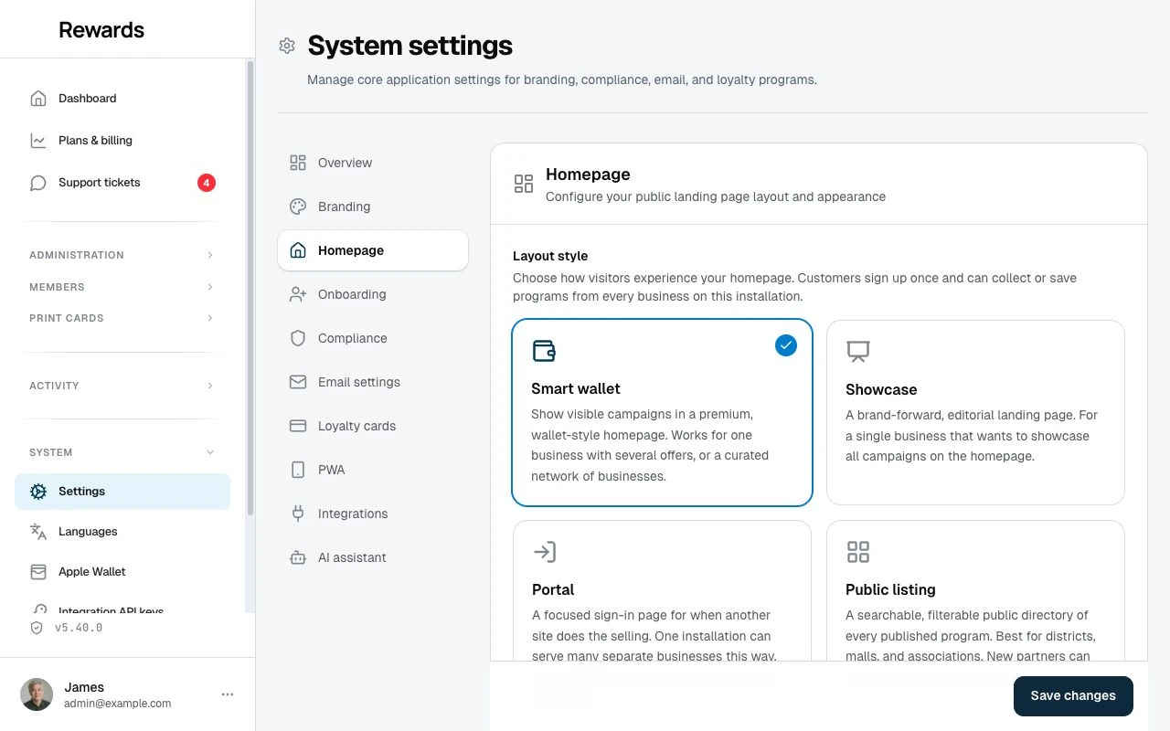 The Homepage settings where one saved choice switches the member homepage between the four layouts.