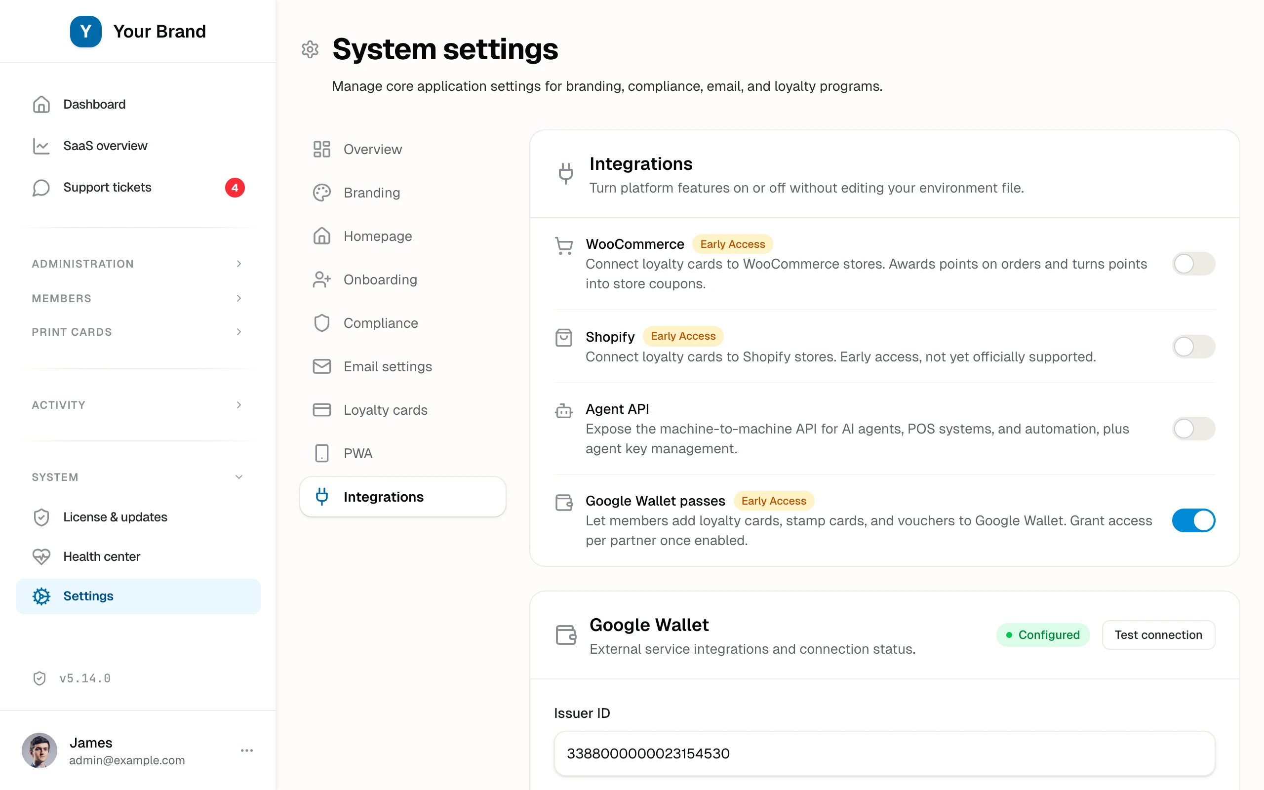 The Integrations settings with feature switches for Shopify, WooCommerce, and the Agent API next to the Google Wallet credentials card.
