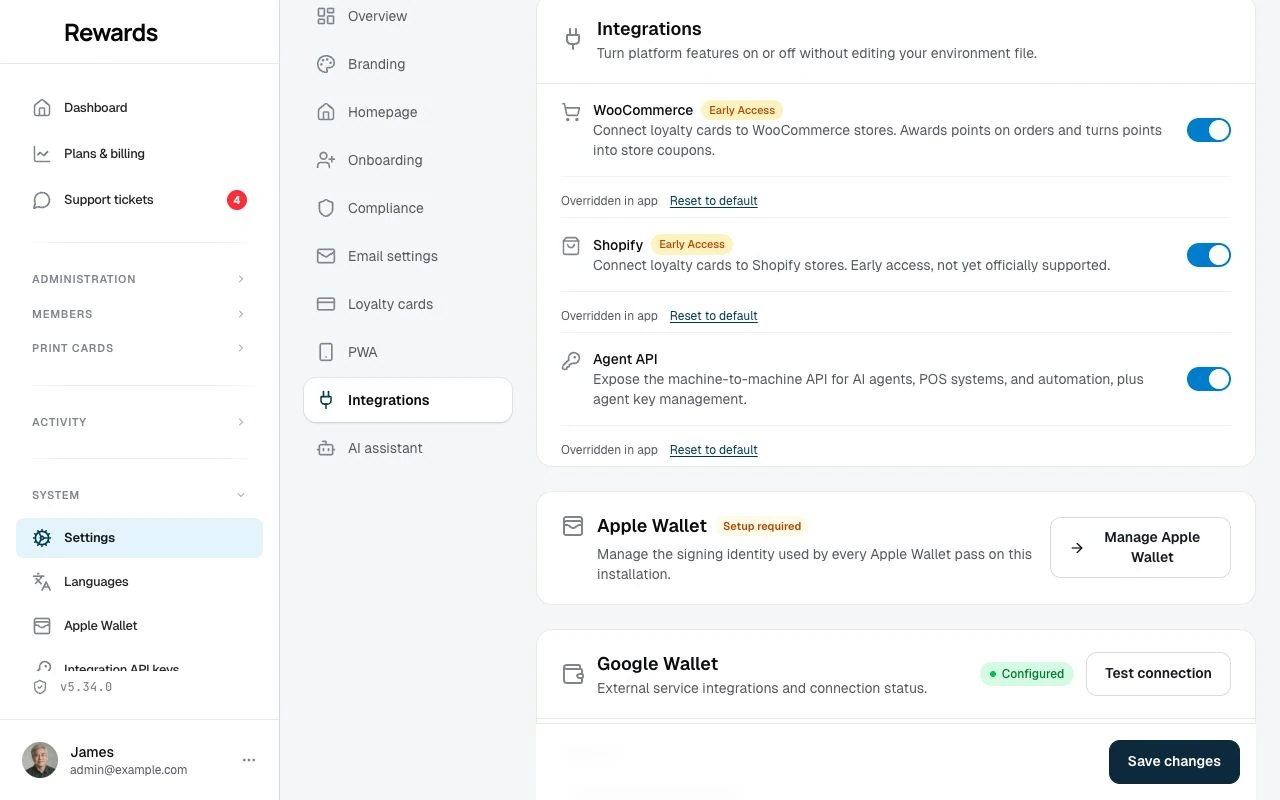 The Integrations settings with feature switches for Shopify, WooCommerce, and the Agent API next to the Google Wallet credentials card.