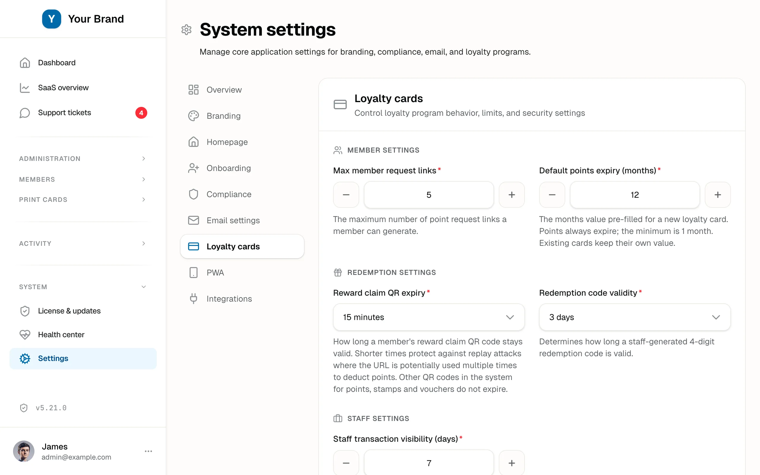 The Loyalty cards settings. Member request-link limit, default points expiry (months), redemption-code and reward-claim validity windows, and the staff transaction window.