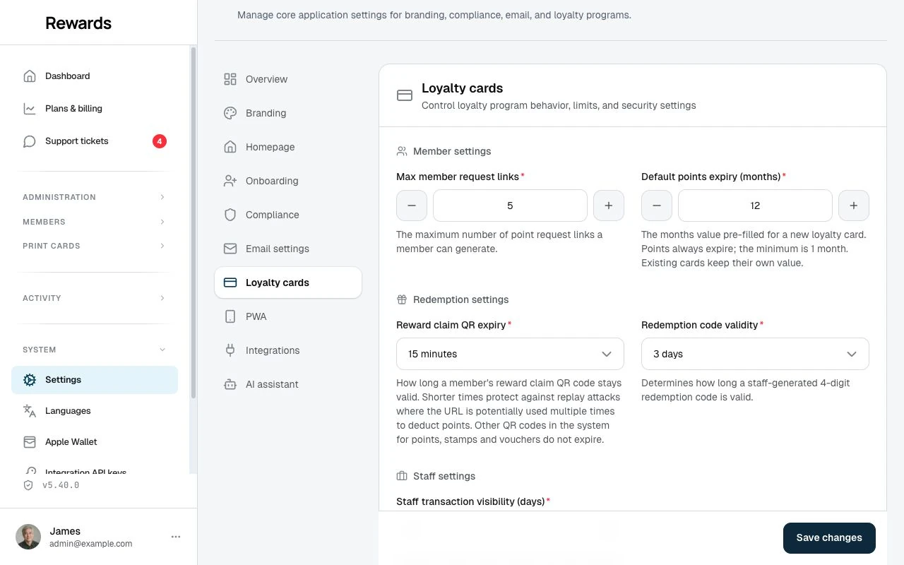 The Loyalty cards settings. Member request-link limit, default points expiry (months), redemption-code and reward-claim validity windows, and the staff transaction window.