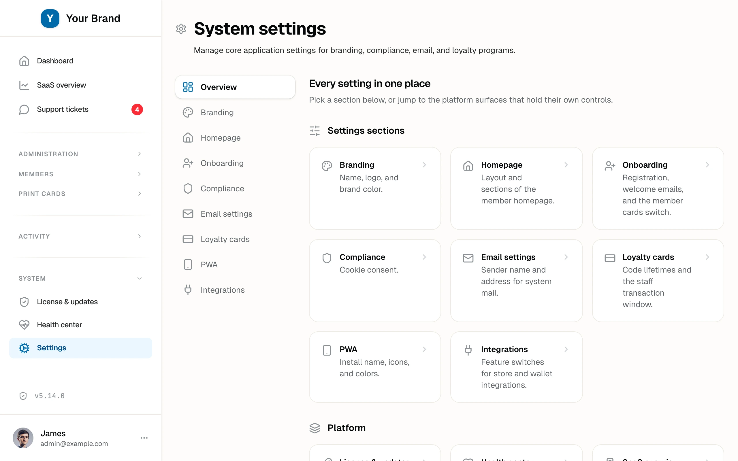 The settings overview with a card for every section and direct links to the app surfaces.