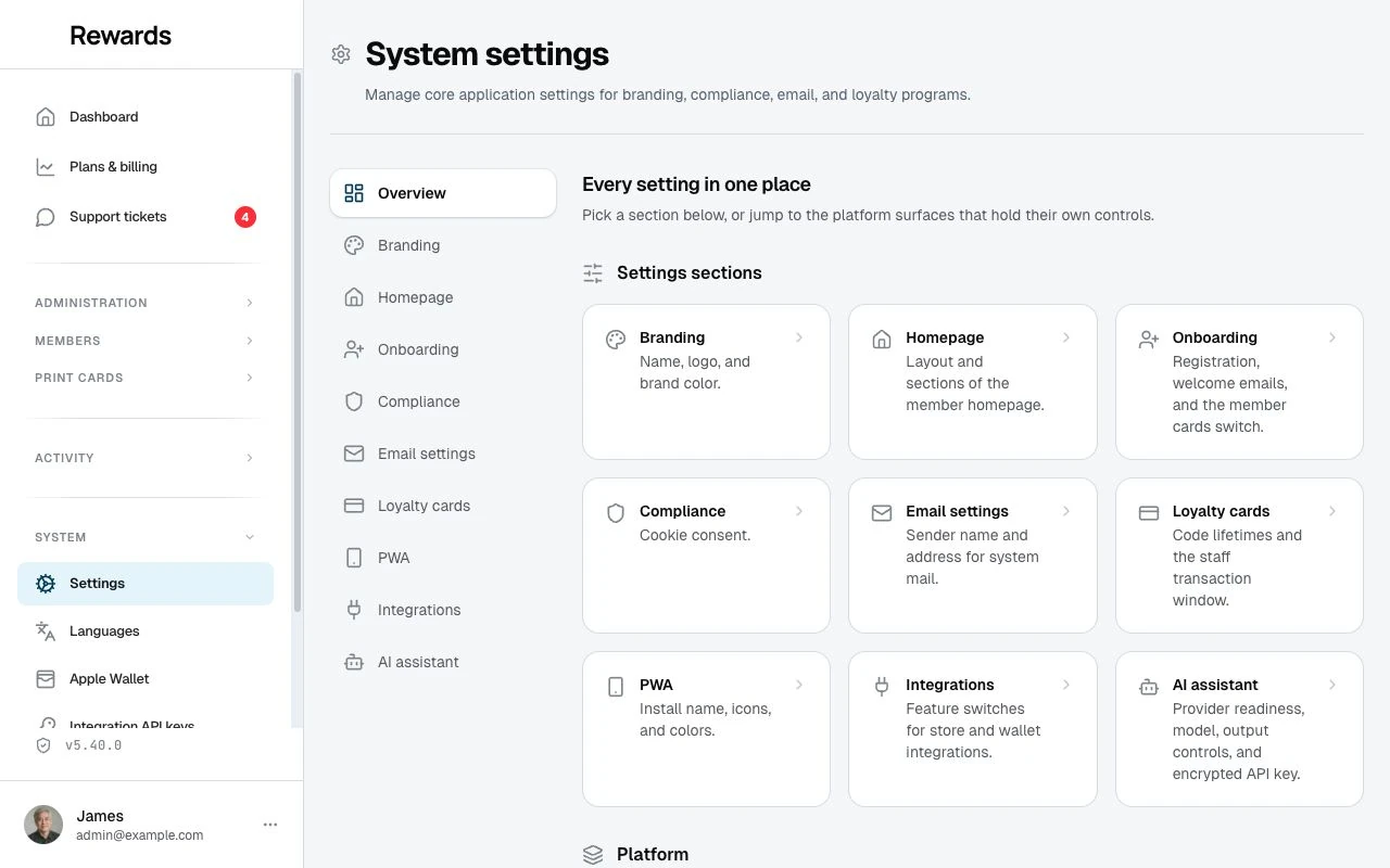 The settings overview with a card for every section and direct links to the app surfaces.