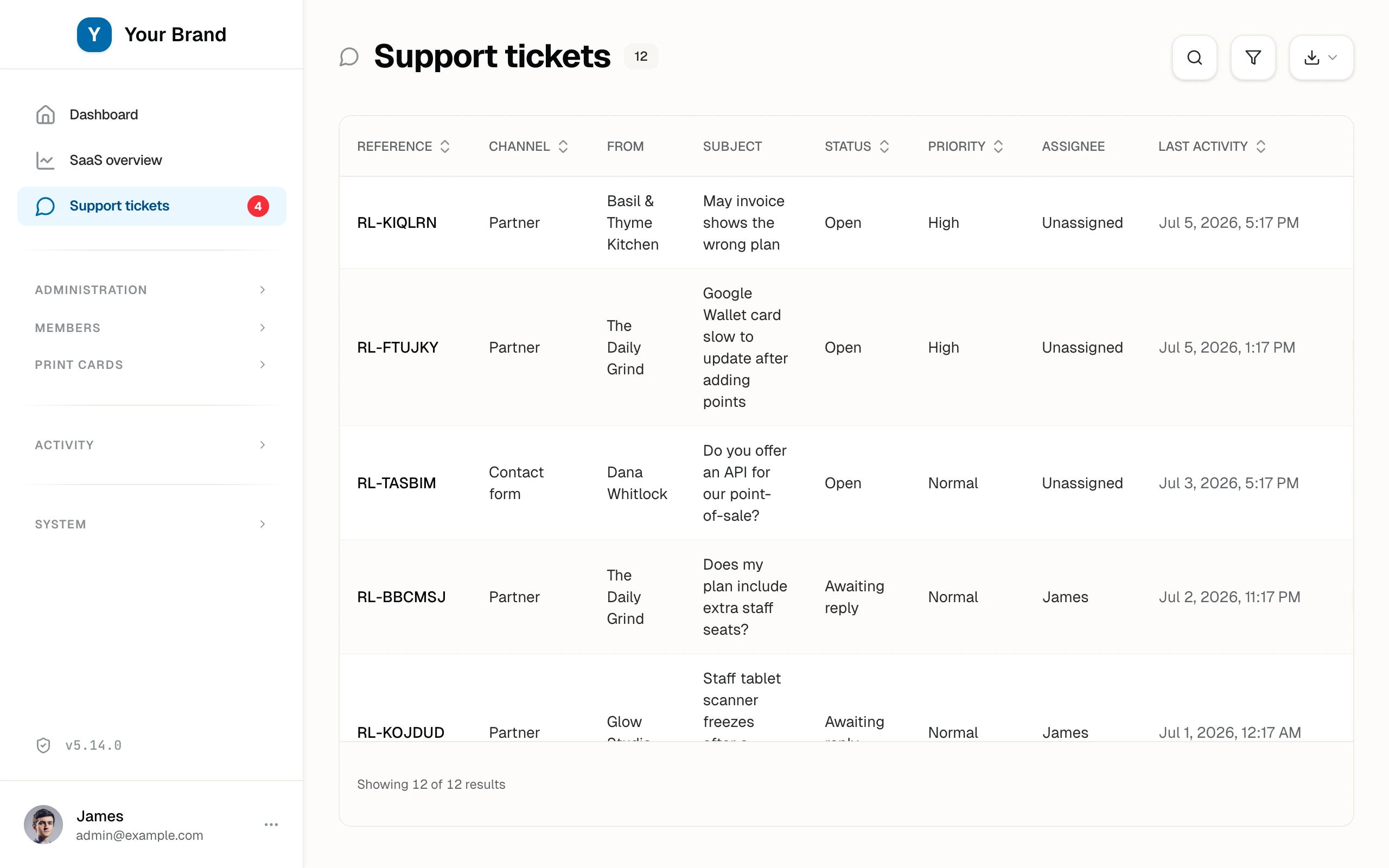 The support inbox with twelve tickets across partner, member, and contact-form channels, each with status, priority, and assignee.