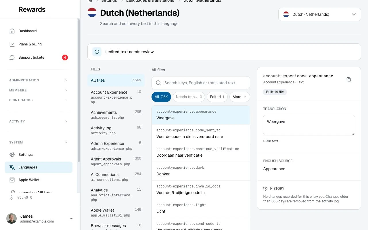 The translation editor: search on top, files on the left, one entry with its original text and translation field.