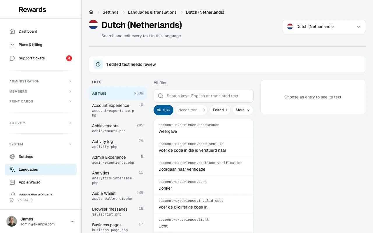 The editor after an update: the banner sums up new, removed, and to-review texts, and each count opens its filter.