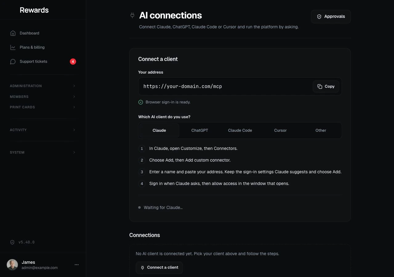 The AI connections page in dark mode