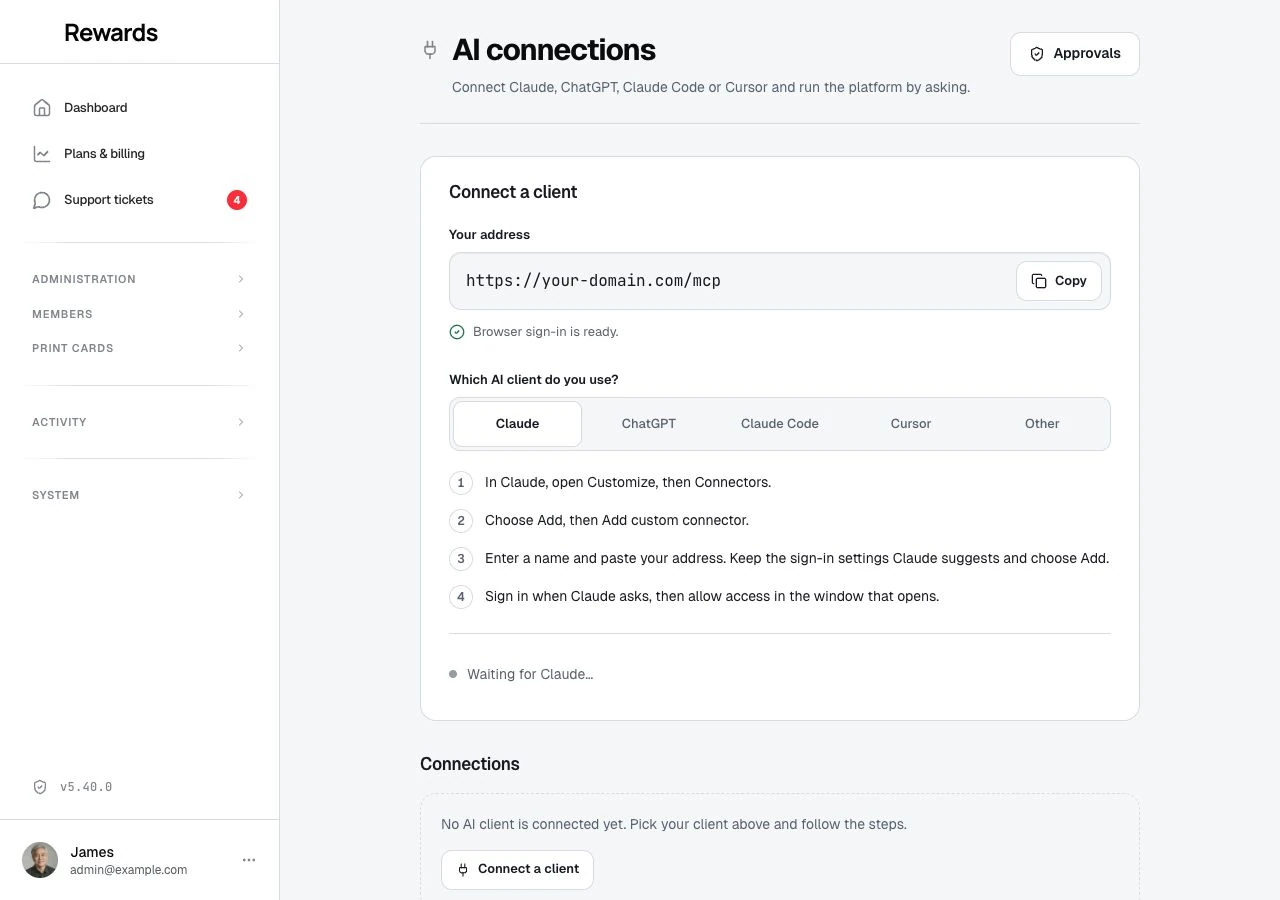 The AI connections page with the address, the client picker and the steps for Claude