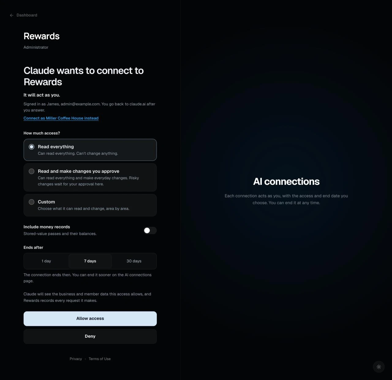 The consent page in dark mode