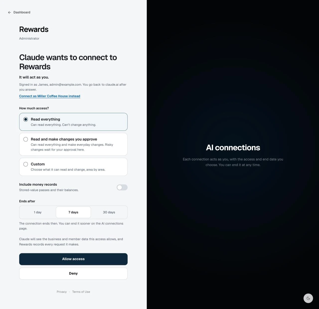 The consent page asking whether Claude may connect, with access choices and an end date