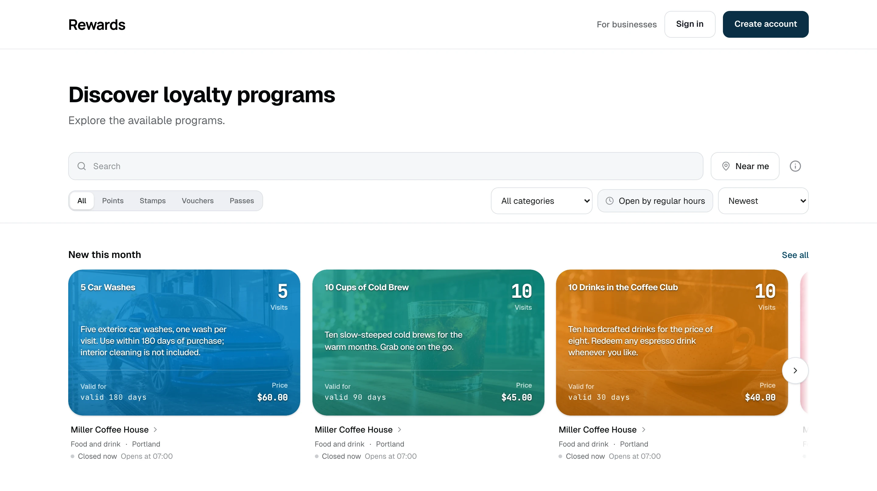 Public listing homepage on desktop. Search, program types, location filters, and program cards on desktop.