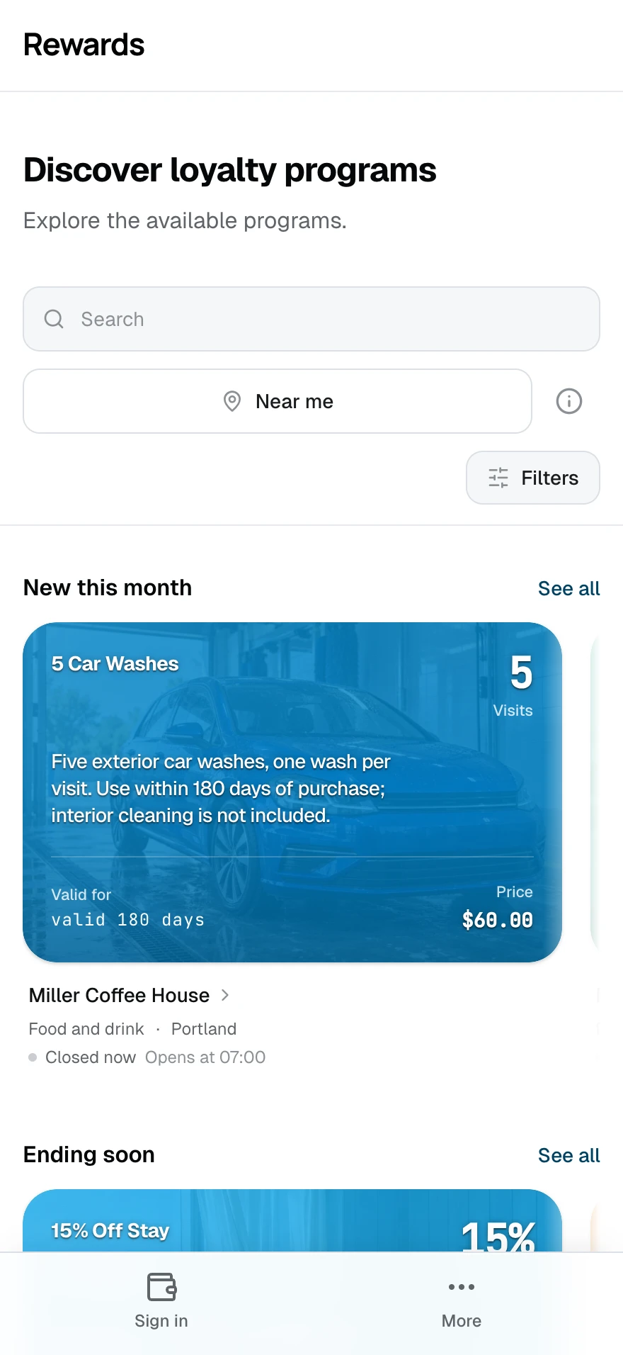 Public listing homepage on mobile. The same directory with search and discovery controls adapted for a phone.