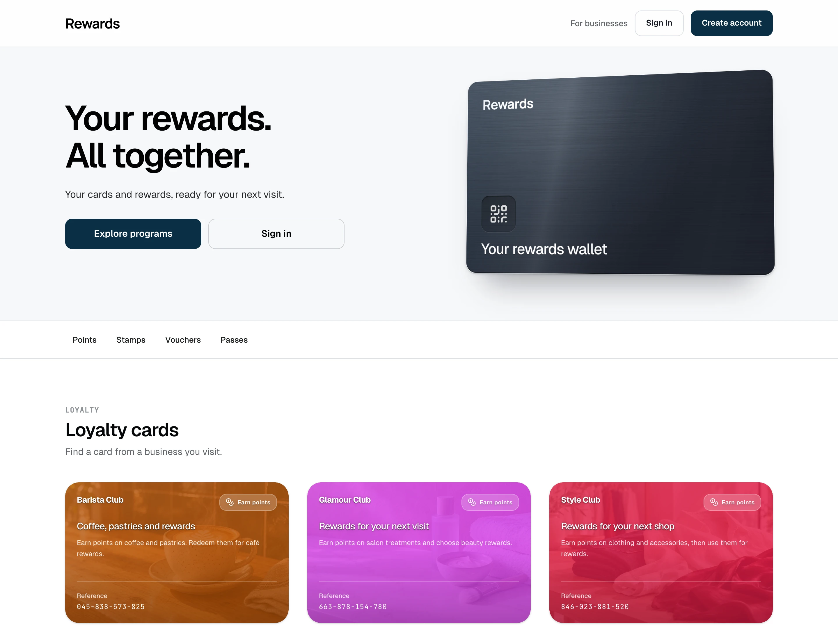 Smart wallet homepage on desktop. The wallet hero, category shortcuts, and published loyalty cards on desktop.