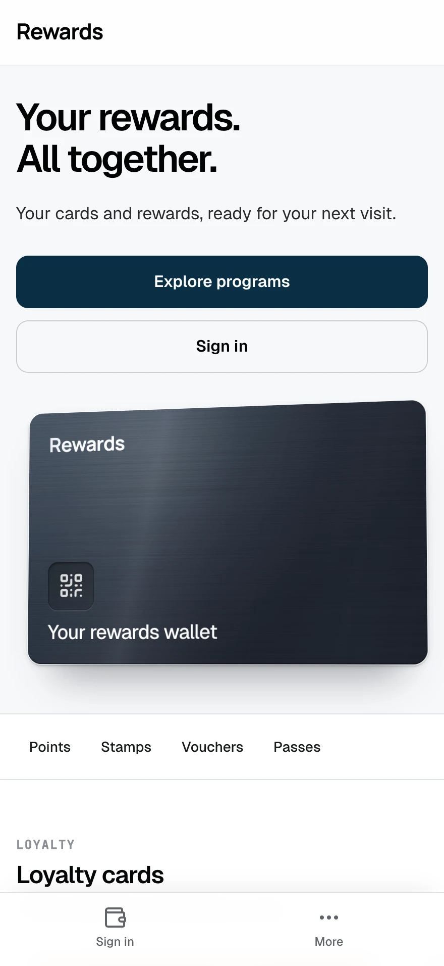 Smart wallet homepage on mobile. The wallet card and program shortcuts on a phone.
