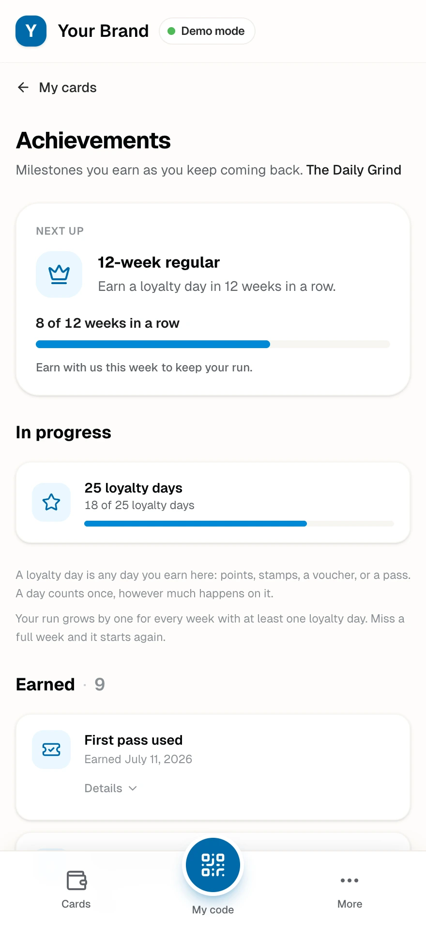 A member's achievements page on mobile: the next milestone (12-week regular) with a progress bar, an in-progress milestone at 18 of 25 loyalty days, plain explainers of loyalty days and weekly runs, and the earned collection.