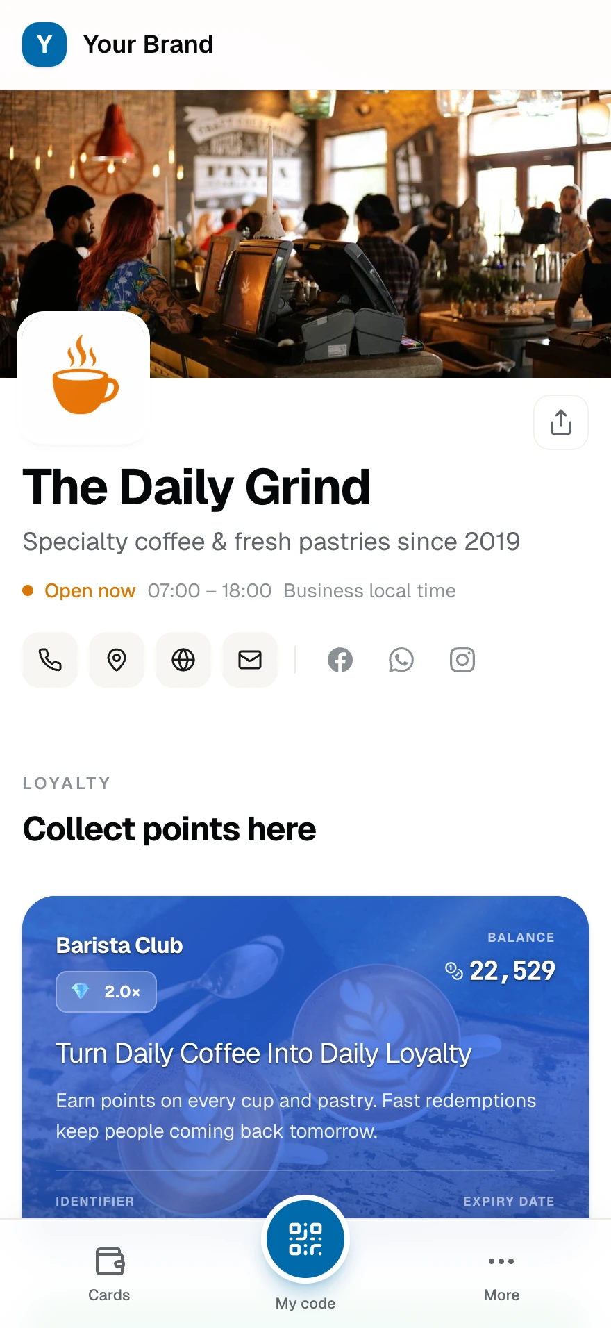 The public business page with live open status, contact actions, and program groups for loyalty cards, stamps, offers, and passes.