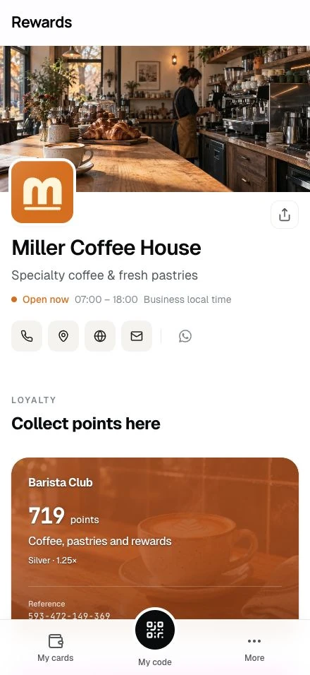 The public business page with live open status, contact actions, and program groups for loyalty cards, stamps, offers, and passes.