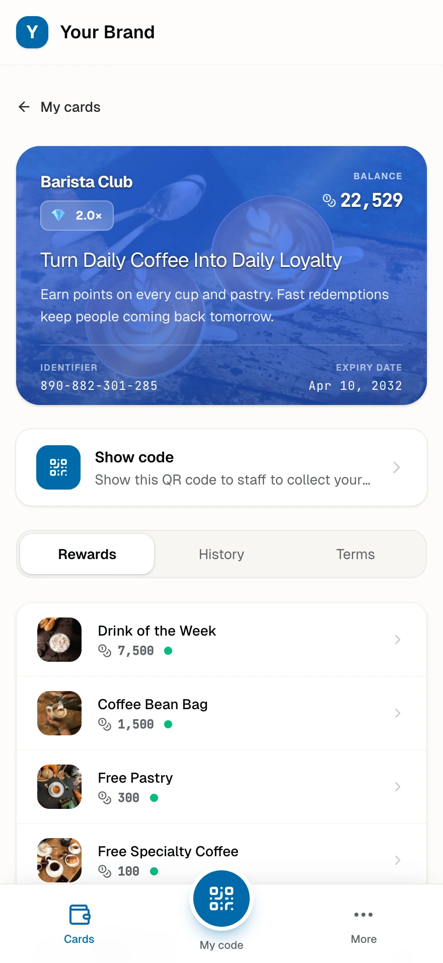 A loyalty card with points balance, tier strip with multiplier, rewards list, and the business card with today's opening hours.