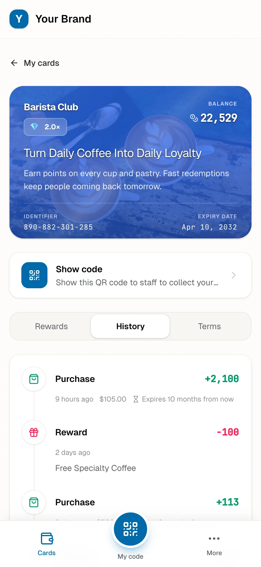 A card's transaction history with purchases, earned points, reward redemptions, and the expiry date on each entry.