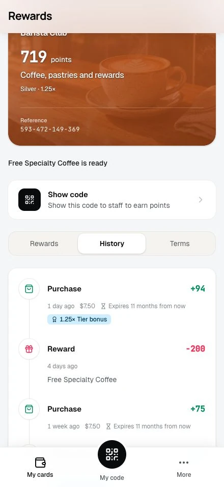 A card's transaction history with purchases, earned points, reward redemptions, and the expiry date on each entry.