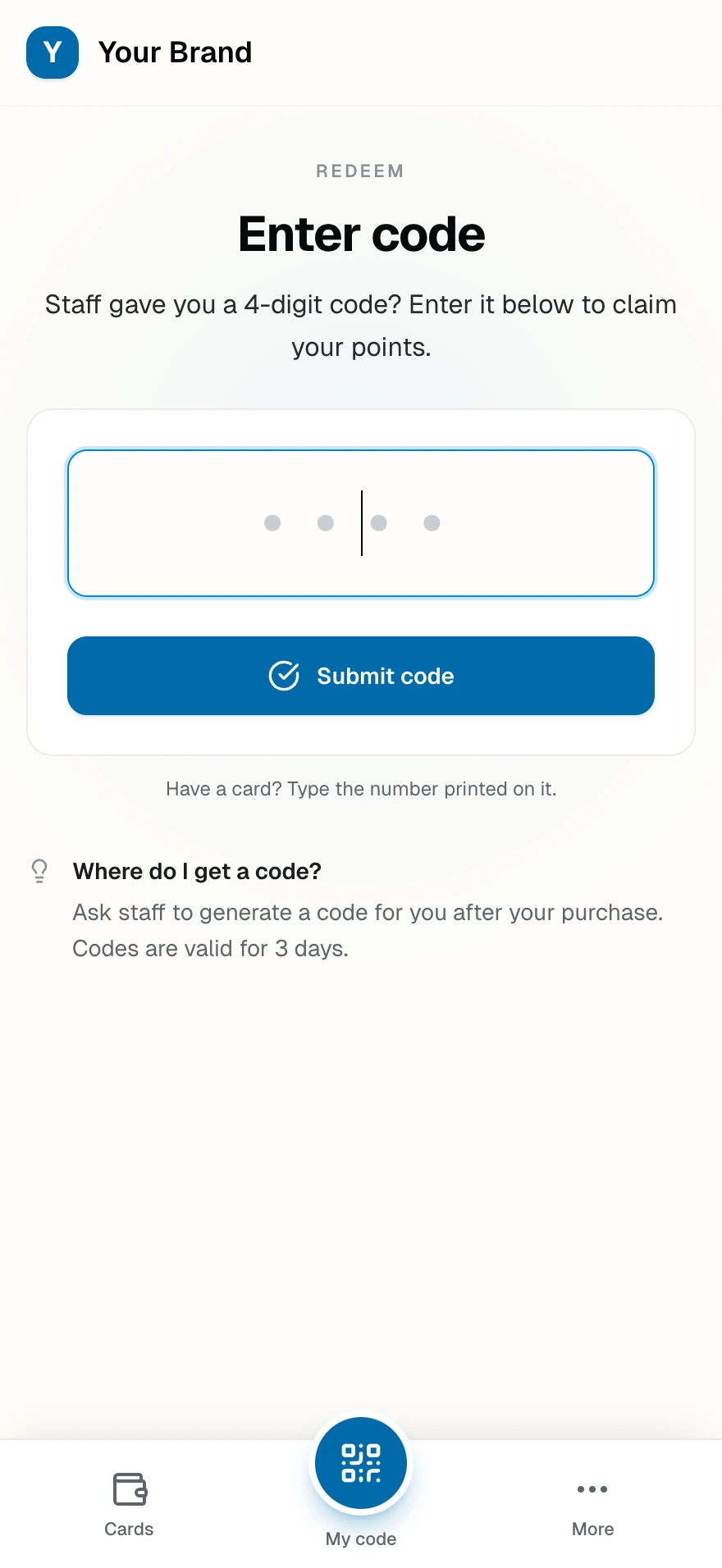 The Enter code page where a member types the 4-digit code staff gave them to claim points.