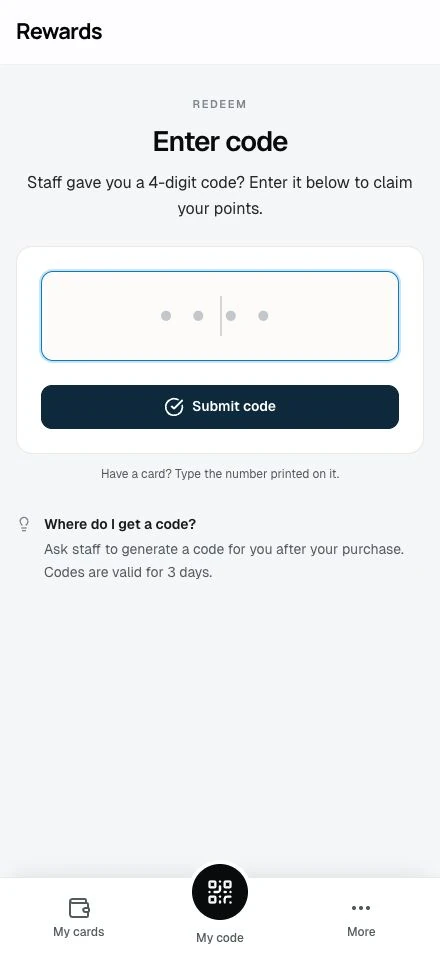 The Enter code page where a member types the 4-digit code staff gave them to claim points.