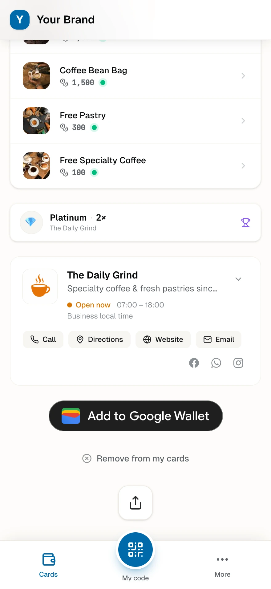 The Add to Google Wallet button under a loyalty card, next to the business card and share options.
