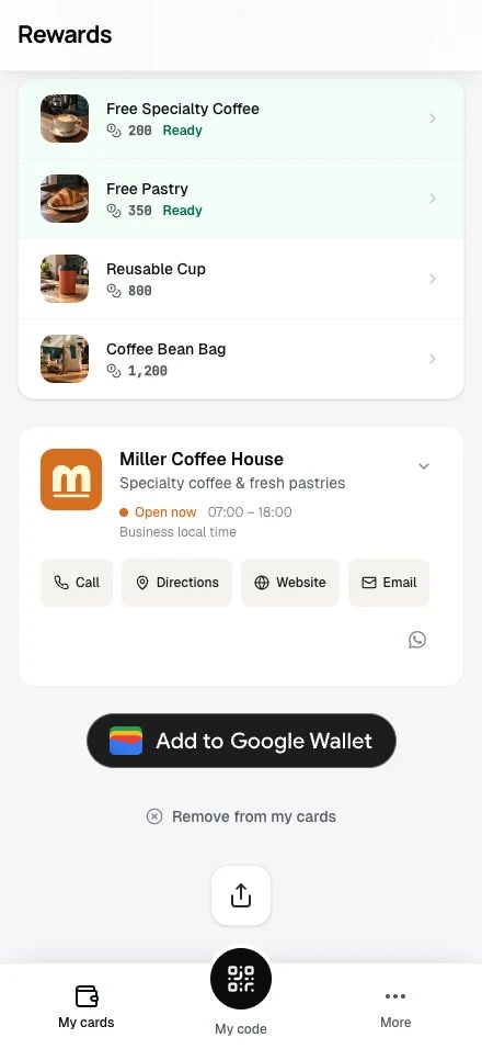 The Add to Google Wallet button under a loyalty card, next to the business card and share options.