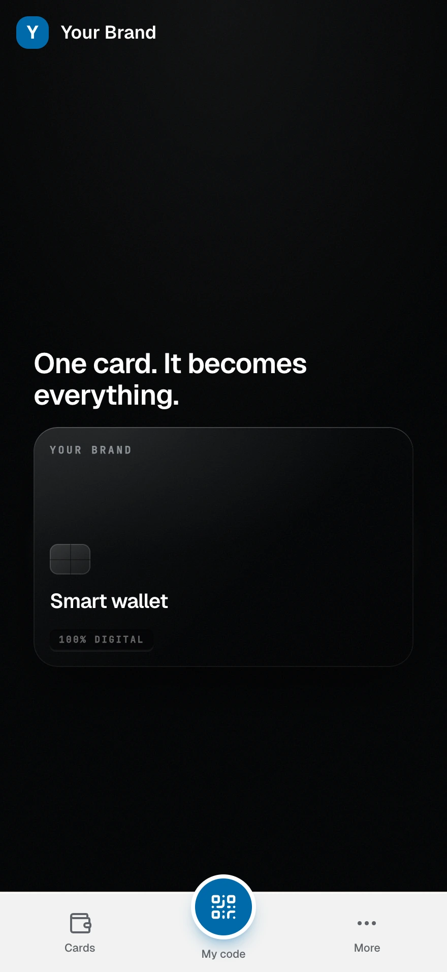 The Smart Wallet homepage with the hero card and a full grid of loyalty cards, stamp cards, vouchers, and prepaid passes.